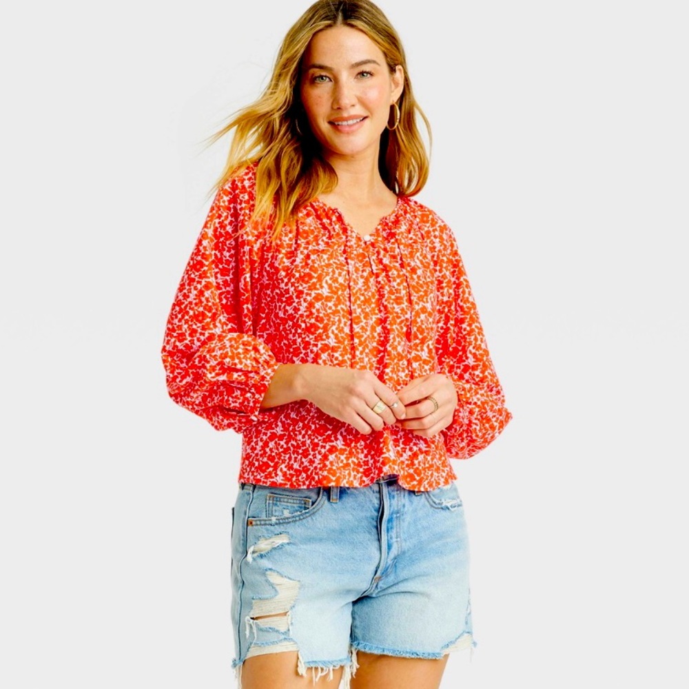 Univeral Thread Long Sleeve Tie Front Floral Blouse